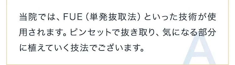 当院では、FUE（単発抜取法）といった技術が使用されます。